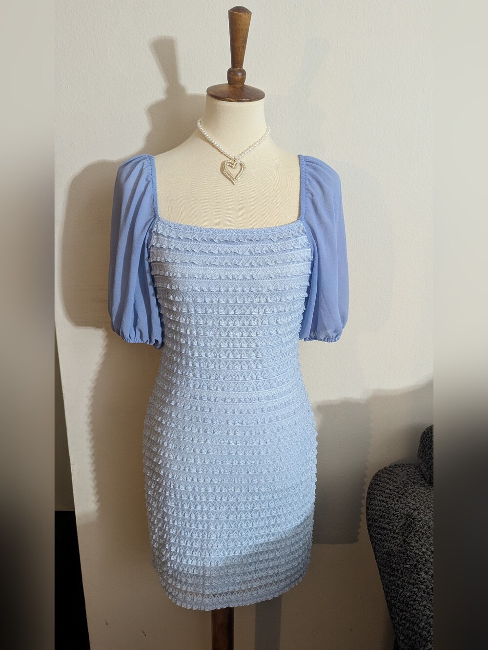 Lulus Steal The Stage Blue Smocked Puff Sleeve Mini Dress M